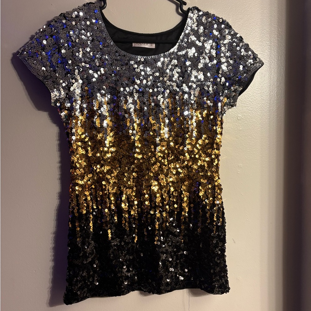 Glamorous Sequin Short Sleeve Top - Black, Gold, Silver